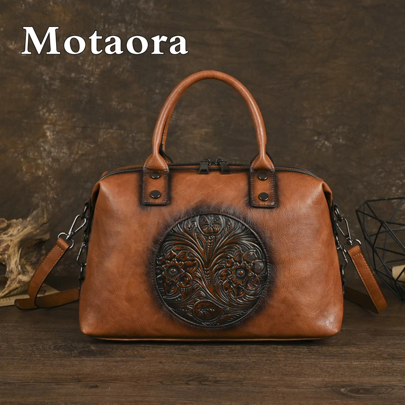 MOTAORA Vintage Leather Shoulder Bag For Women's Casual Embossed Handmade Handbag Fashionable Mothere's Crossbody Tote Bag Purse