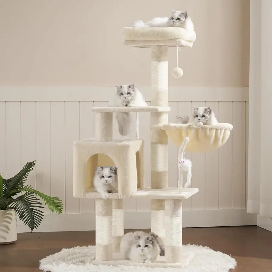 

Heybly Cat Tree with Toy, Cat Tower Condo for Indoor Cats, Cat House with Padded Plush Perch, Cozy Hammock and Sisal Scratching