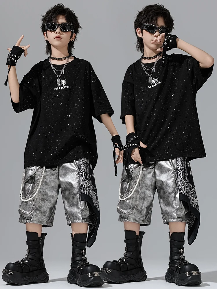 

Boys Street Dance Clothing Black Sequin T Shirt Silver Shorts Drum Breaking Performance Suit Children Summer Stage Wear BL16659