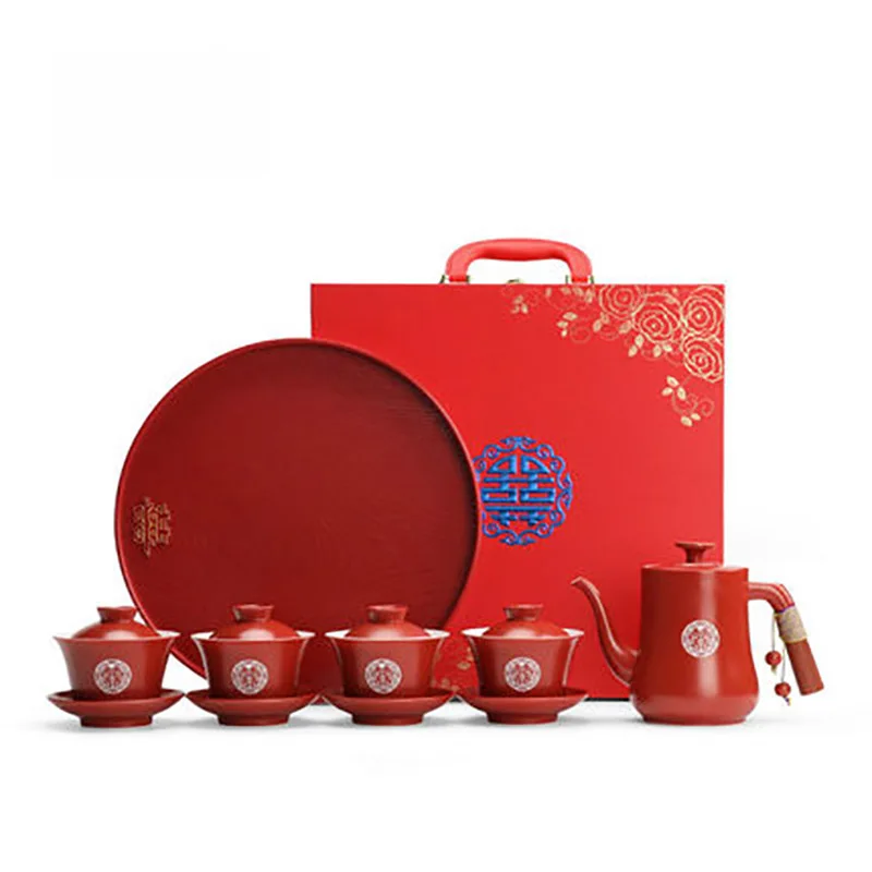 Red Ceramic Tea Set with Serving Tray, Teapot, Gaiwan, Porcelain, Wedding Supplies, Newlywed Party Souvenir Gift, Chinese