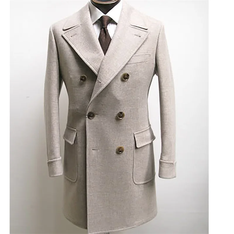 Abrigo de lana Beige para hombre, abrigo grueso y cálido Formal de doble botonadura, chaqueta de negocios hecha a medida, traje de chaqueta para traje de hombre