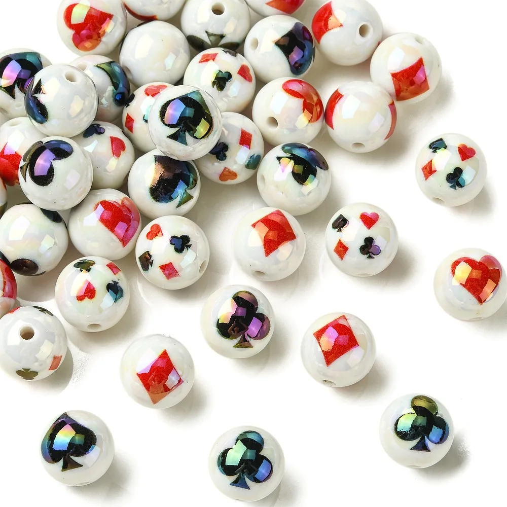 40pcs Playing Card Suit Print Acrylic Beads AB White Round Loose Spacer Beads for DIY Bracelet Necklace Crafts Jewelry Decor