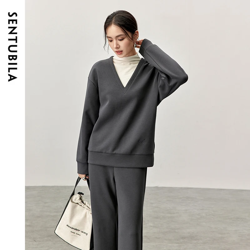 SENTUBILA Commute Cotton Pant Sets Women 2024 Winter Patchwork Spliced 2 in1 Sweatshirt Knitted Full-length Flare Pant 144Z57108