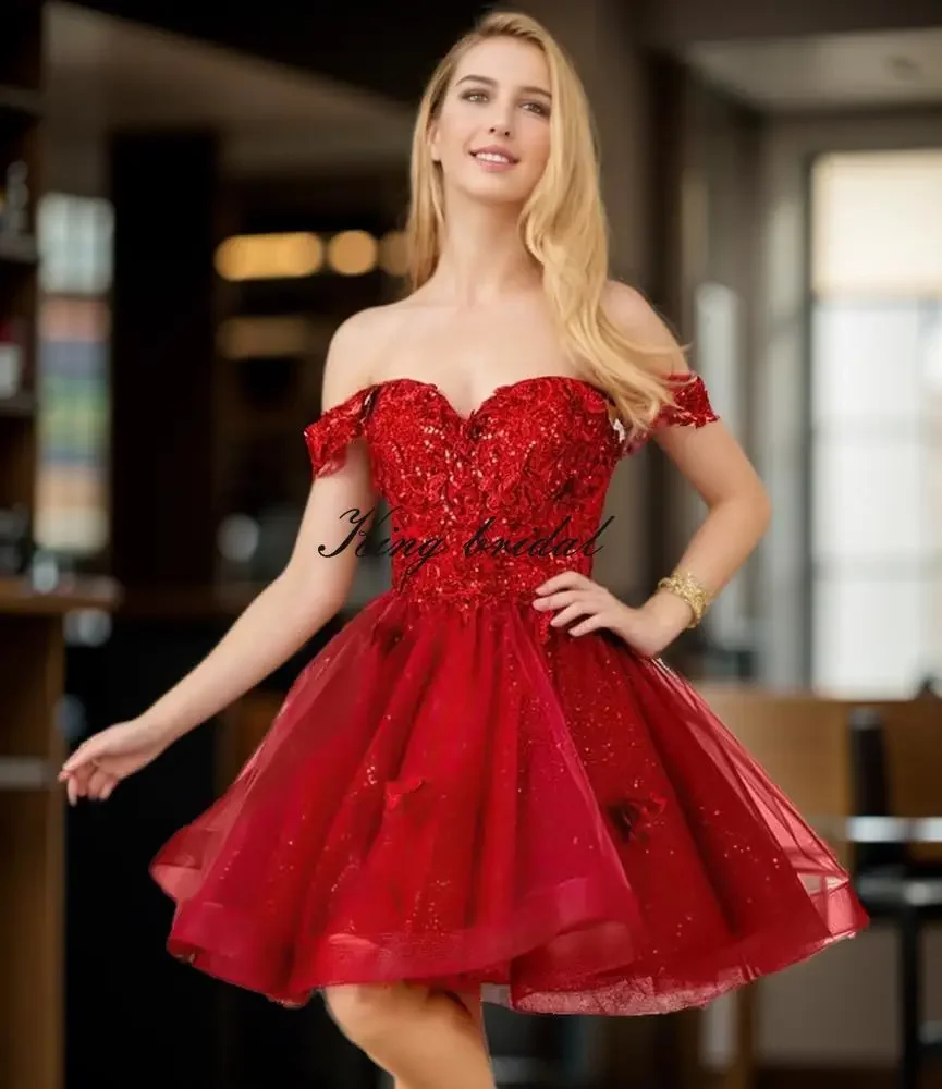 تول لامع يزين فساتين العودة للوطن للمراهقين مطرز قبالة الكتف فساتين حفلة موسيقية قصيرة الدانتيل كوكتيل فستان قصير فساتين النادي