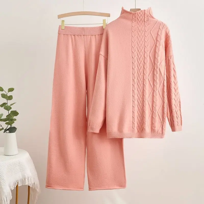 Winter Knitted Two Piece Sets For Women Outfits Korean Casual Retro Knitted Pullover Sweater+wide Leg Pants Sets 2024 Clothing