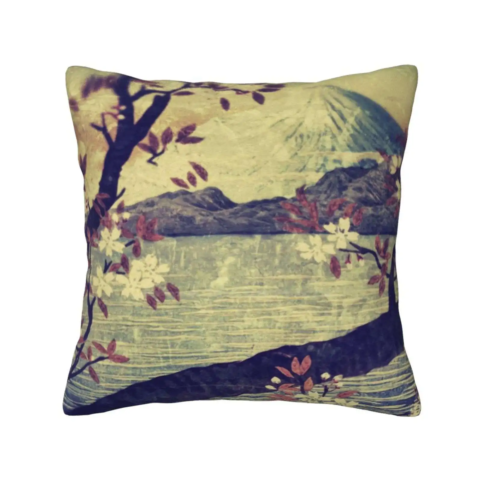 Templing At Hanuii Home Sofa Car Waist Throw Pillowcase Japanese Mountain Fuji Snow Lake Tree Flowers Vintage Asian Ukiyo E