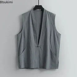 Oversized 9XL Men's Summer Sleeveless Cotton Linen Vest V-neck Loose Casual Tank Tops Chinese Style Tang Suit Vintage Waistcoat