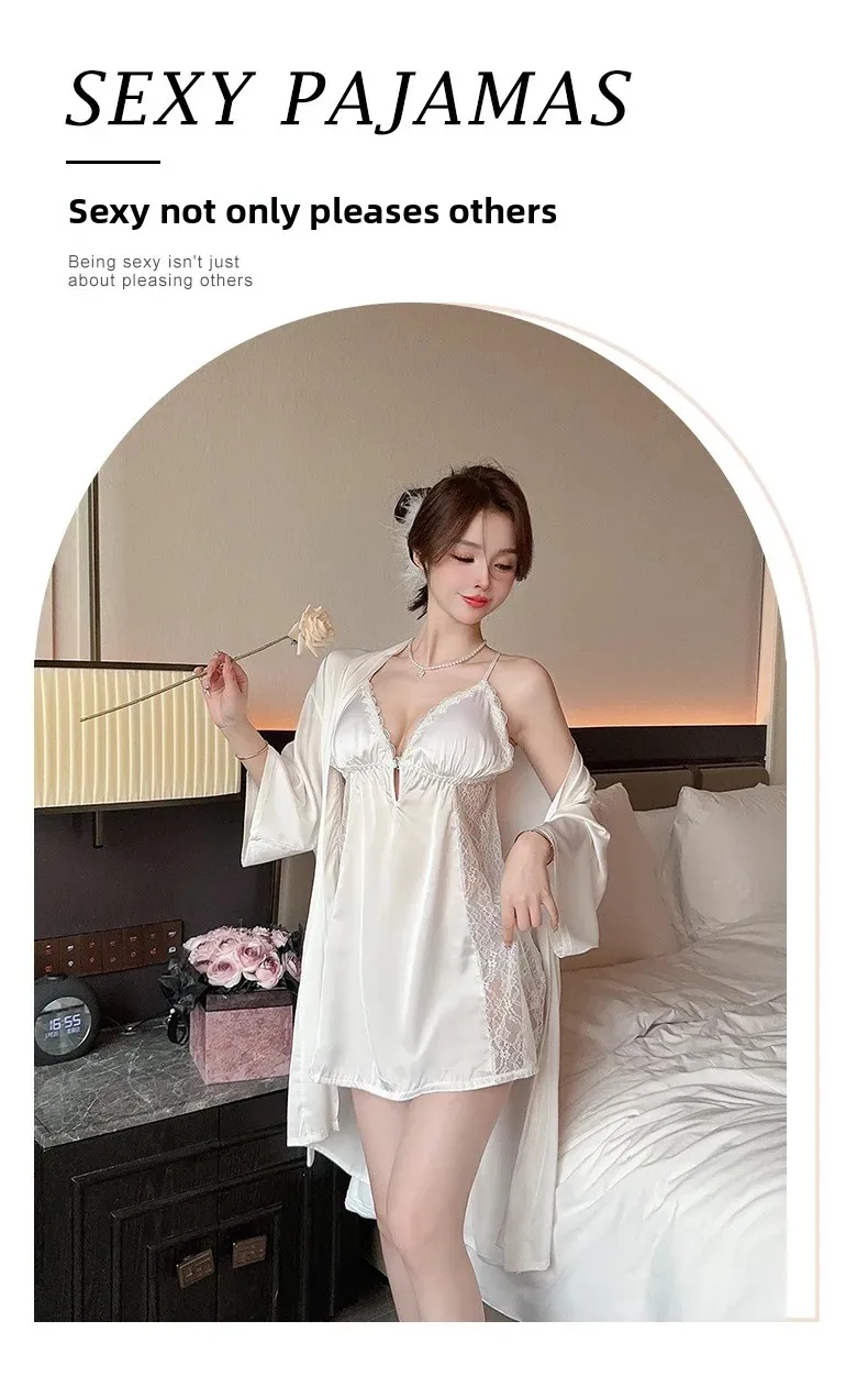 Conjunto de Dos Piezas de Lencería Sexy de Satén con Encaje para Mujer, Camisón de Verano con Relleno en el Pecho, Cuello en V, Ropa de Dormir Cómoda para el Hogar