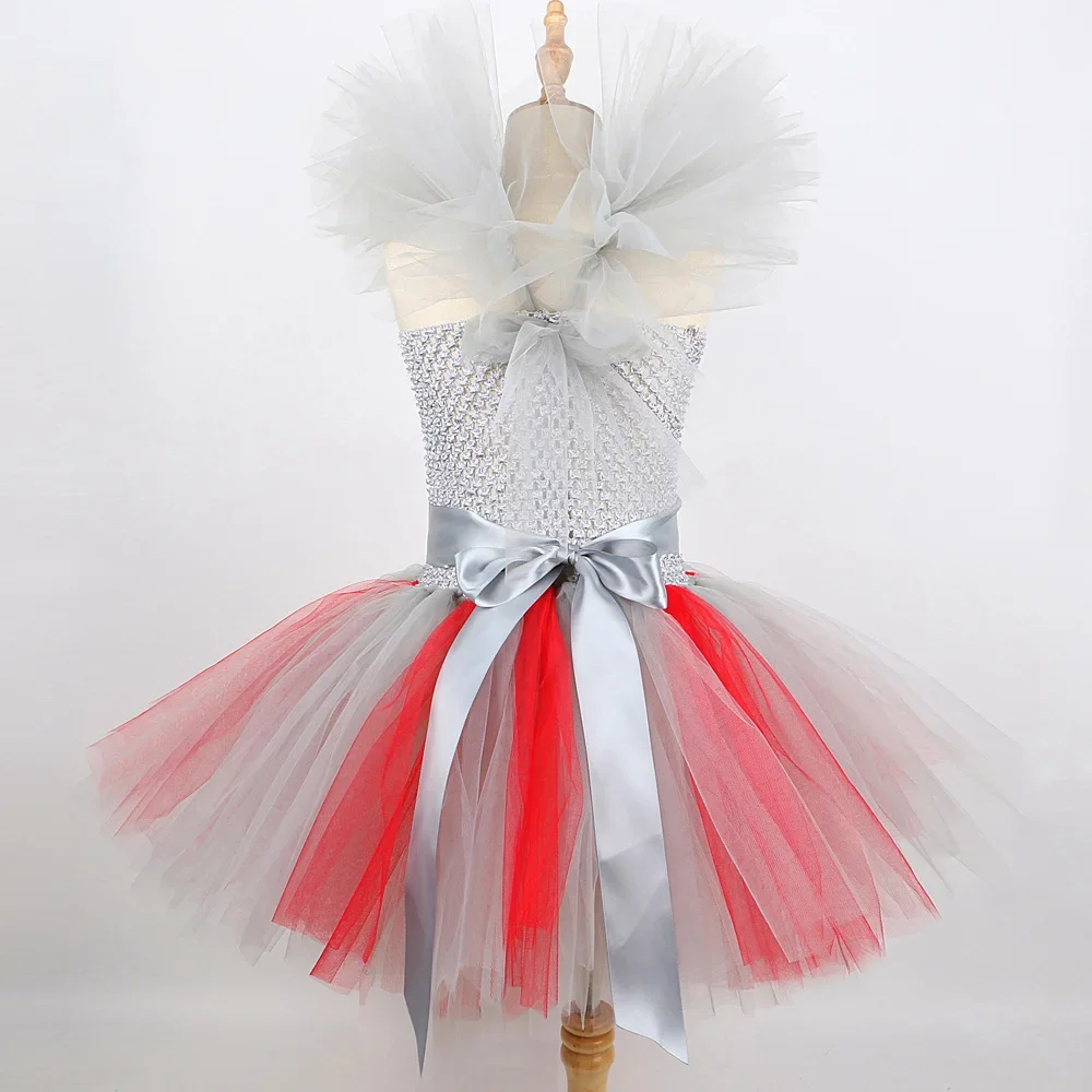 Gruseliges Clown-Tutu-Kleid-Set für Mädchen, silbernes Netz-Mieder, rotes Pom-Pom-Dekor, Tüllkragen, Haarreifen, Kinder-Halloween-Cosplay-Outfit – Detail 4