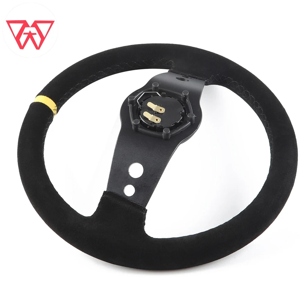 Universal 13 inch 330mm Suede Leather Steering Wheel 2 Spoke Racing Sports Deep Dish Steering Wheel Yellow Stripe