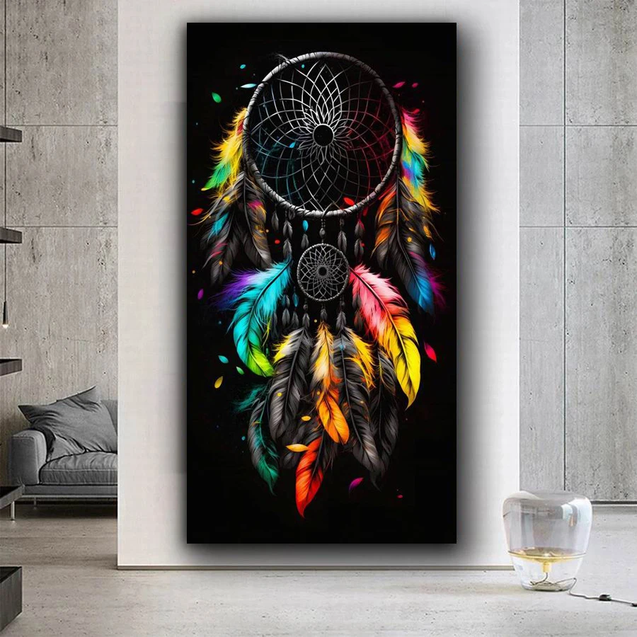 

New Diy Diamond Painting Kits Large Size Colorful Feather Wind Chime Full Rhinestone Drill Mosaic Embroidery Picture Wall Decor