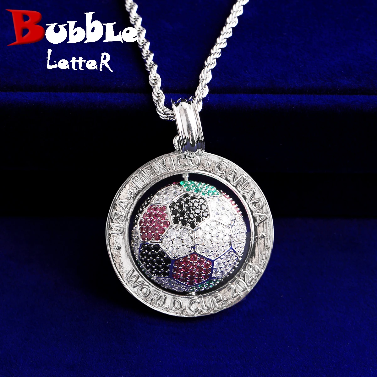 Bubble Letter Iced Out Rotating Football Necklace Pendant 5A Cubic Zirconia Real Gold Plated Hip Hop Jewelry