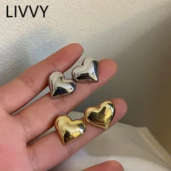 LIVVY Silver Color Simple Smooth Surface LOVE heart Shaped Stud Earrings Women Fashion Girl Bridal Jewelry