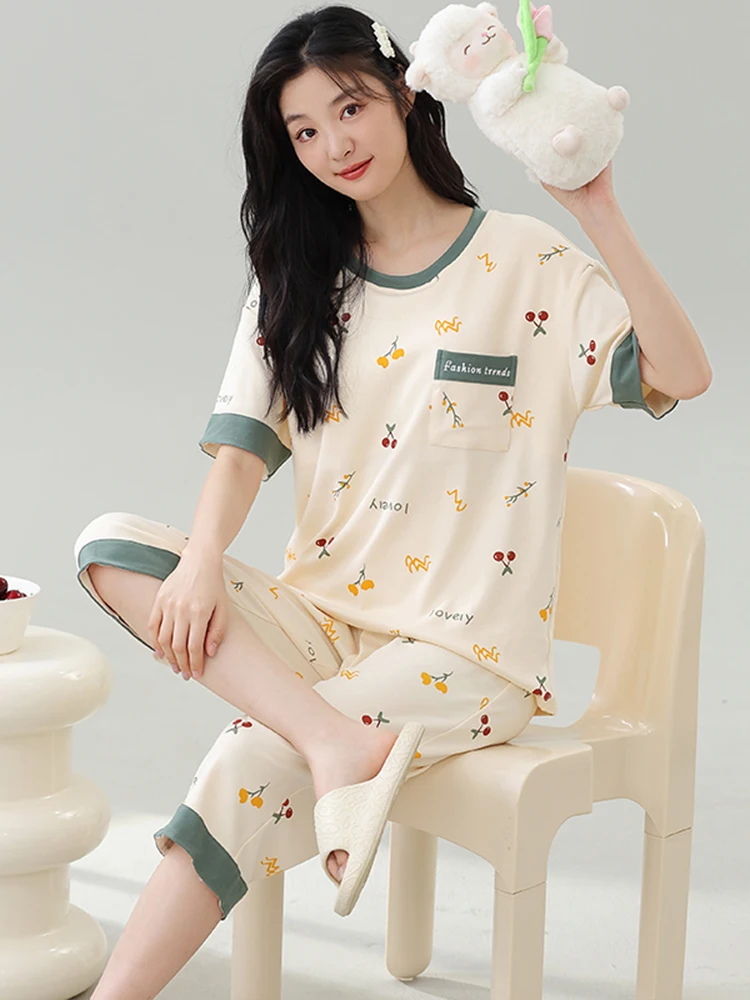 

Summer Lightweight ort Sve Spwear Set Women's Casual Cotton Home Clothes with Chest Pad One-Piece No Bra Seven-Quarte...