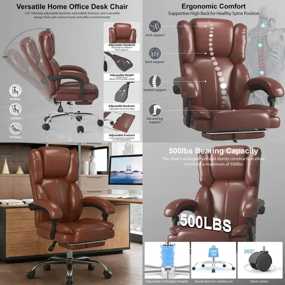 

Кожаное офисное кресло руководителя с регулируемой подставкой для ног, подголовником и механизмом откидывания спинки для домашнего офиса, коричневое
