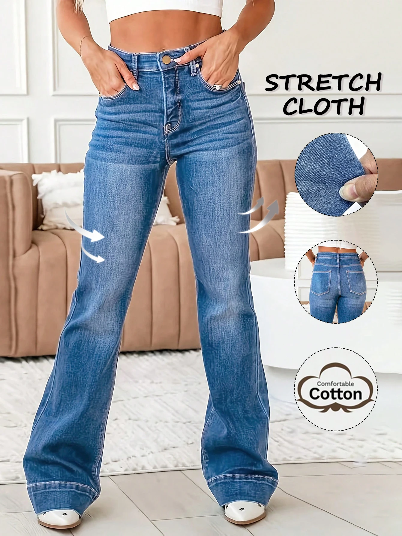 

Women's casual slim-fit flared jeans, summer washable fashion jeans, suitable for comfortable everyday wear