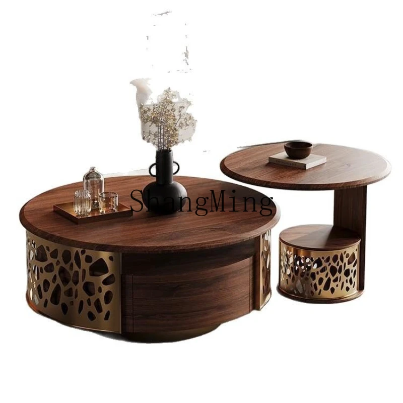 

ZYY modern simple round small apartment solid wood with pumping living room household coffee table TV cabinet combination
