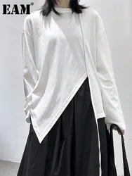 [EAM] Women White Black Irregular Hem String Big Size T-shirt New Round Neck Long Sleeve Fashion Tide Spring Autumn 2024 1DF7100