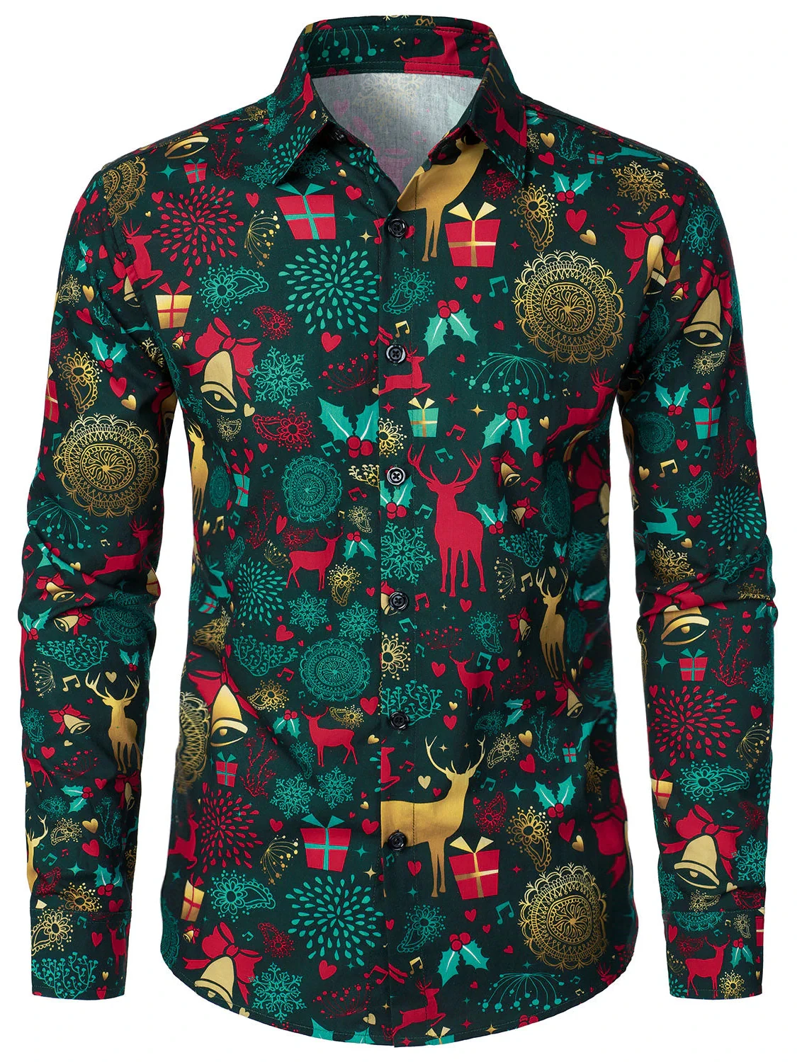 

Men's Festive Long Sleeve Shirt, Santa Reindeer Design, Red Polyester Material, Christmas Party Wear
