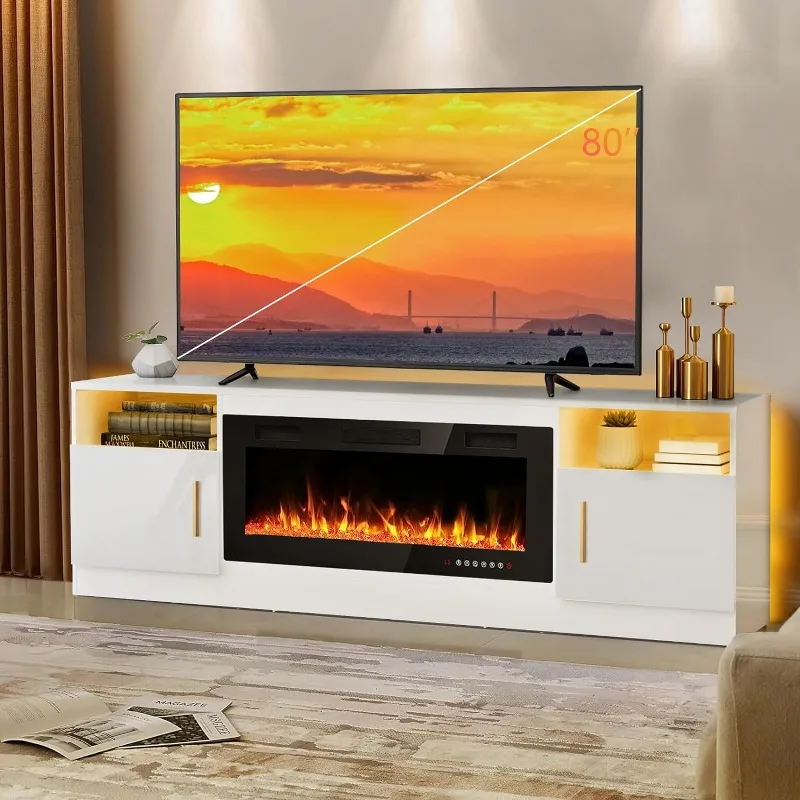 

Fireplace tv Stand with 36 inch Fireplace Up to 80" TVs,LED Light Entertainment Center , 70" Modern Wood Media TV Console