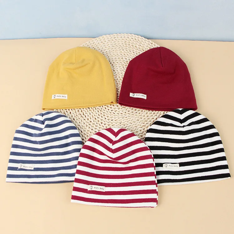 Baby Beanie Hat Cotton Stick Figure Printing Caps For Baby Boy Girl Infant Hat Spring Autumn Children's Hats Striped Solid Caps