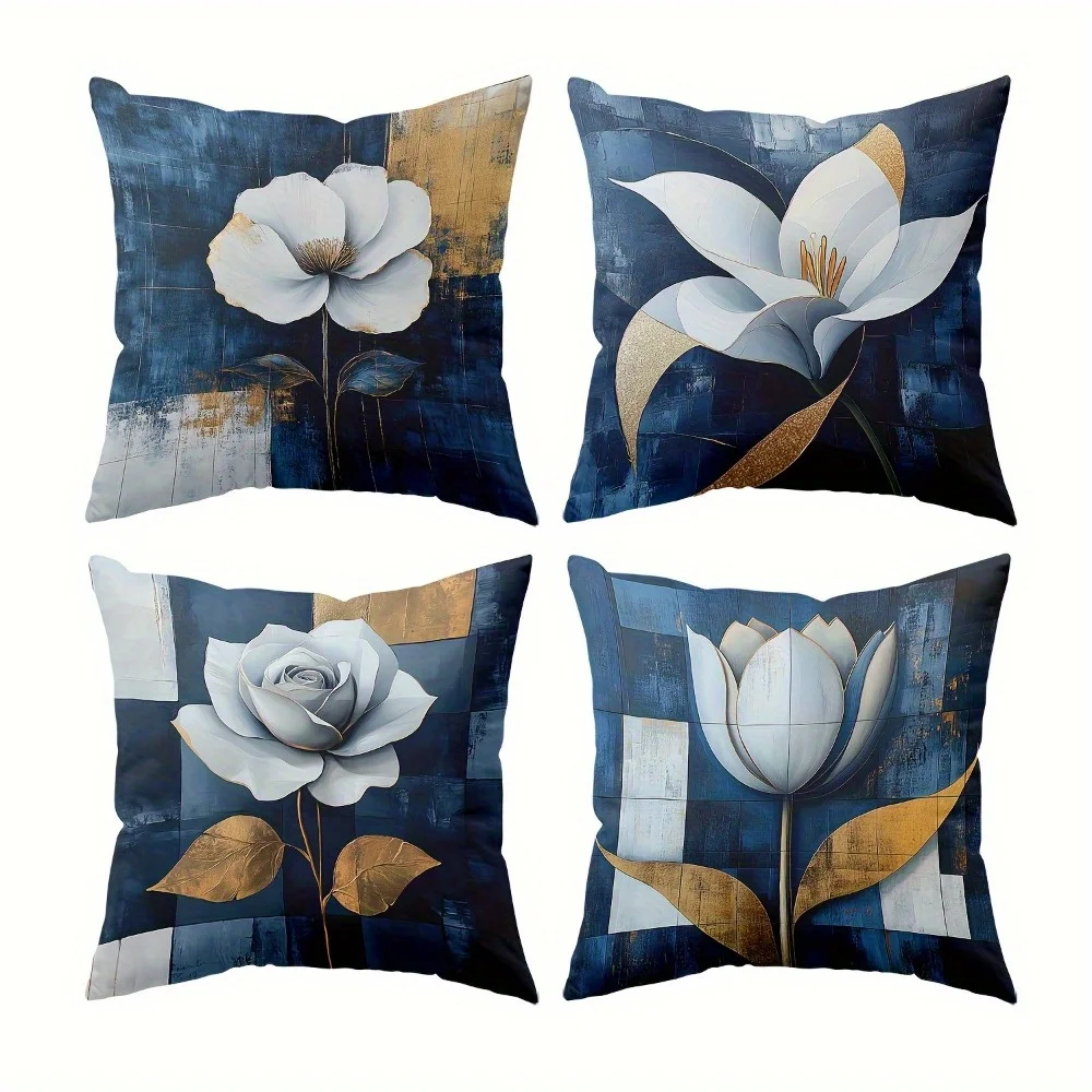 

Luxury Navy Blue & Gold Floral Throw Pillow Covers, Elegant White Flower Print Cushion Cases, Sophisticated Modern Home Decor