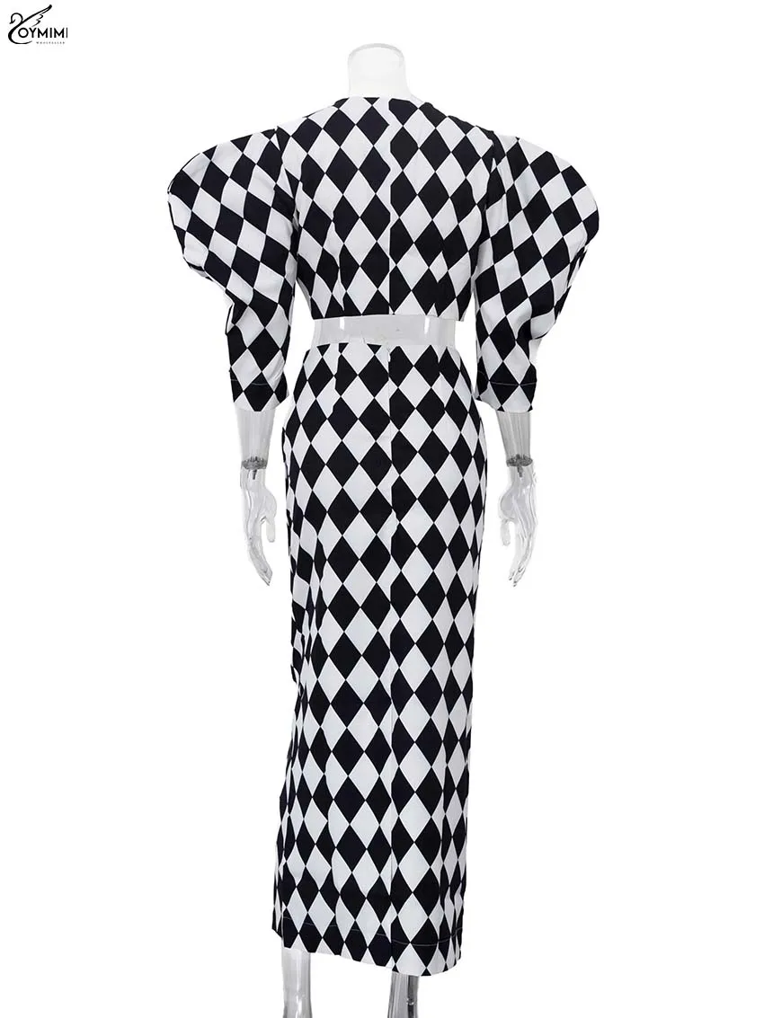 Oymimi Elegant White Print 2 Piece Sets Women Outfit Fashion V-Neck Button Three Quarter Sleeve Crop Shirt + Straight Skirts Set image 6