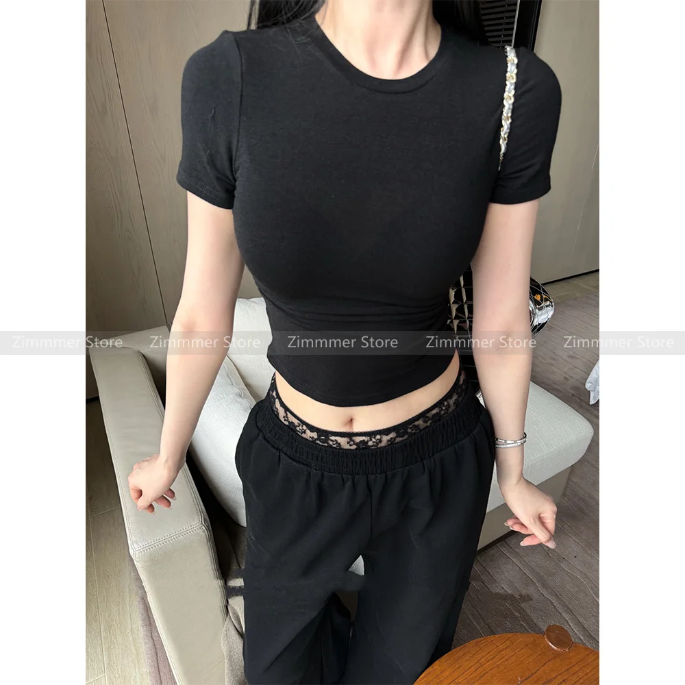 Round neck square shoulder Slim stretch short sleeve t-shirt 24 summer Spice Girls short revealing threaded cotton tops