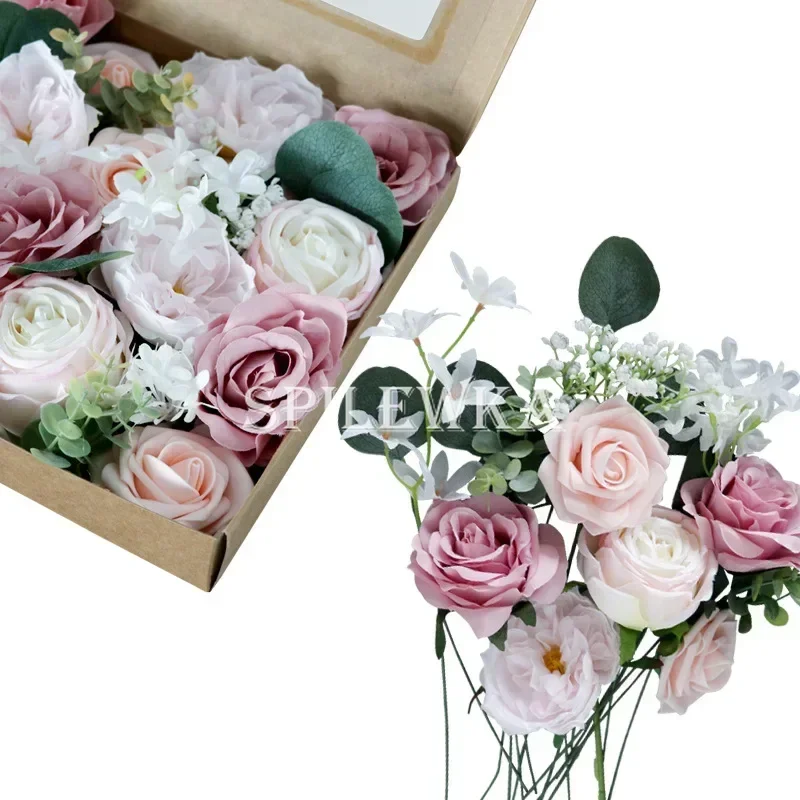 

Artificial Flower Combination Box Set, Pink Silk Artificial Rose Bride Bouquet for Outgoing/Indoor DIY Center Piece Flowers For