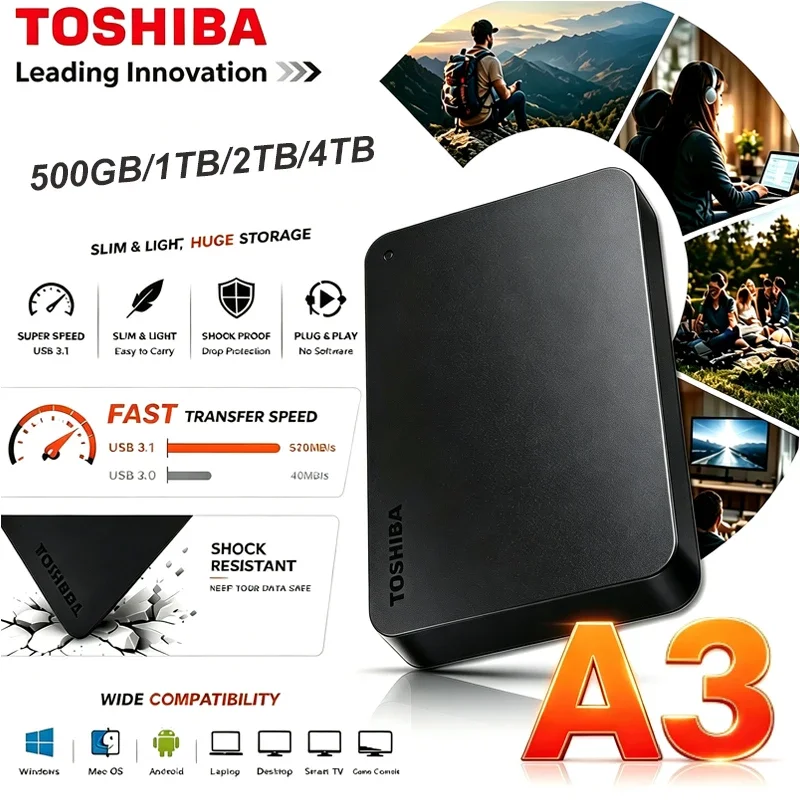 Toshiba New A3 Upgrade Black Canvio Base 500GB 1TB 2TB 4TB Disco Rigido External Mechanical Hard Drive USB 3.0 Preto