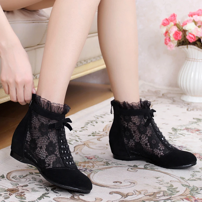 GKTINOO 2024 Fashion Summer Ankle Boots for Women Flat Heel Boots Mesh Height Increasing Casual Shoes Genuine Leather Big Size