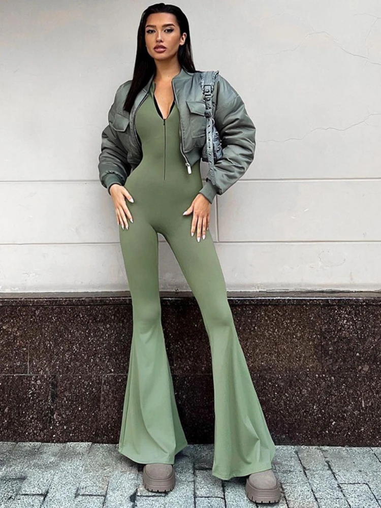 

WeiYao Zipper Sexy Body-Shaping Women Clothing Half Turtleneck Bodycon Jumpsuit Long Sleeves Bell-Bottomed Pants Street Clubwear