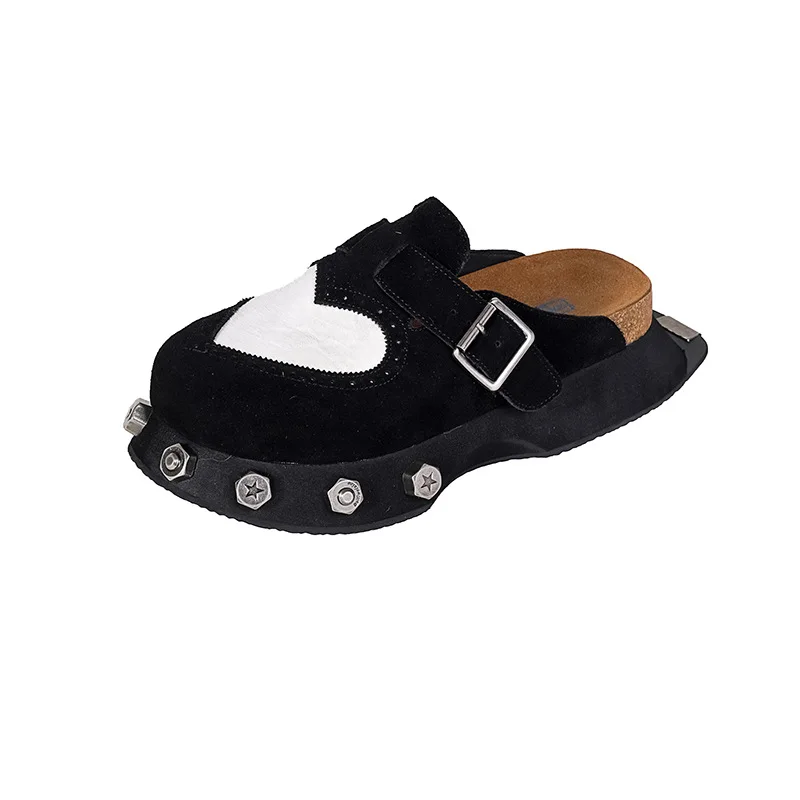 

Women Slippers Flats Thick Bottom Rivets Heart Platform Mules Basic Close Toe Outdoor Luxury Designers Vacation Brand Shoes