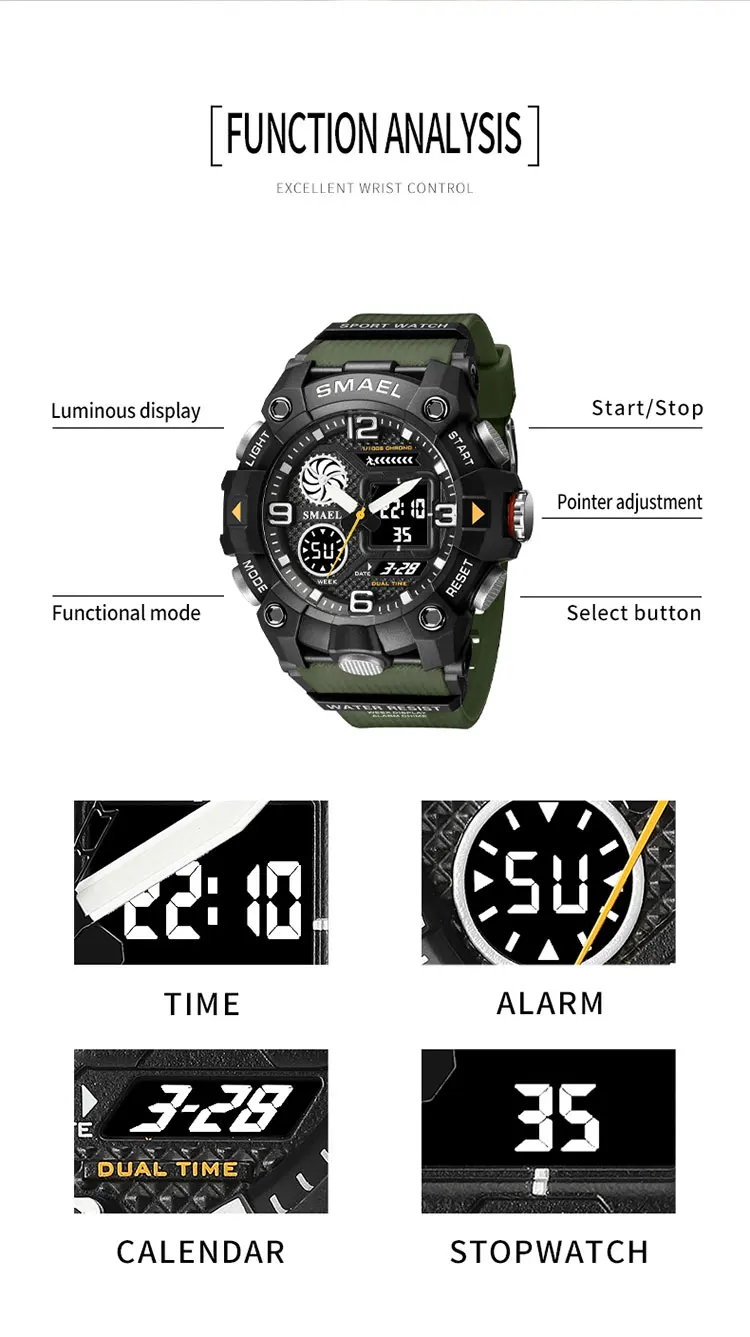 SMAEL Quartz Watches Men Water Resiatance 50 M Sport Wist Watches for Men Fashion Male Electronic Clock Stopwatch Luminous 8055