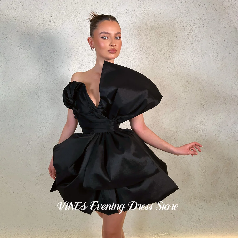 

VINES Black Evening Dresses V Neck Satin Gala Dresses Asymmetrical Mini Prom Dresses Tiered Sleeveless Party Dress Customized
