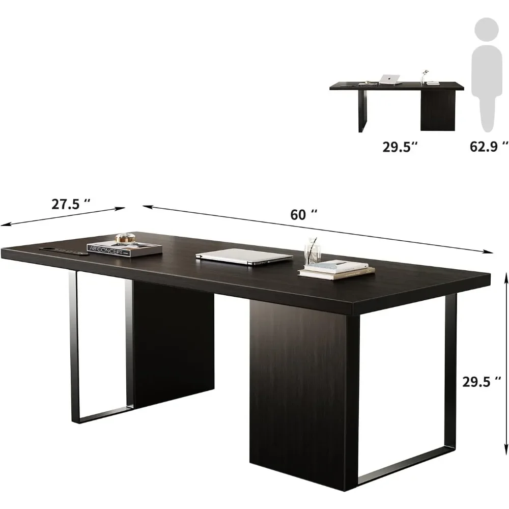 Modern Minimalist Wooden Computer Office Desk Workstation with Extra Thick Tabletop and Built-in P，60-Inch Large Executive Desk