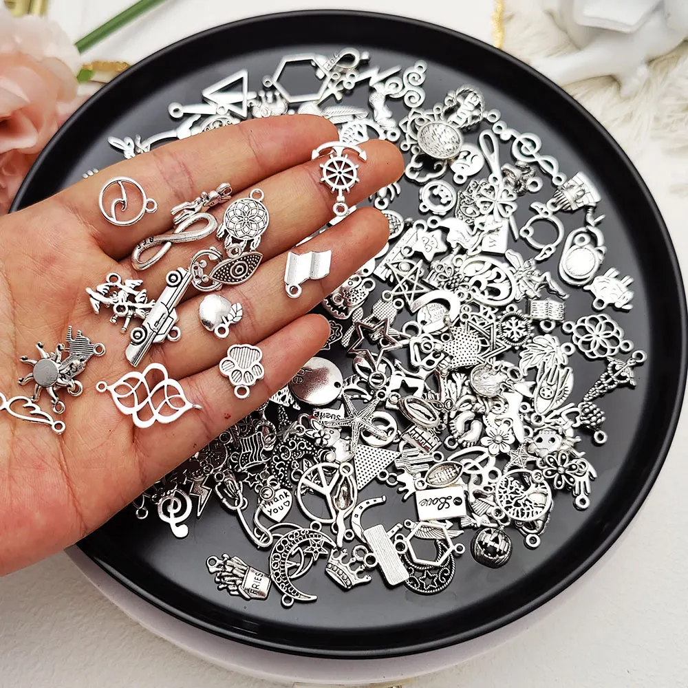 200pcs/Lots Random Mixed Bulk Vintage Silver Plated Charms Pendants For DIY Jewelry Making Findings Supplies Wholesale Crafts