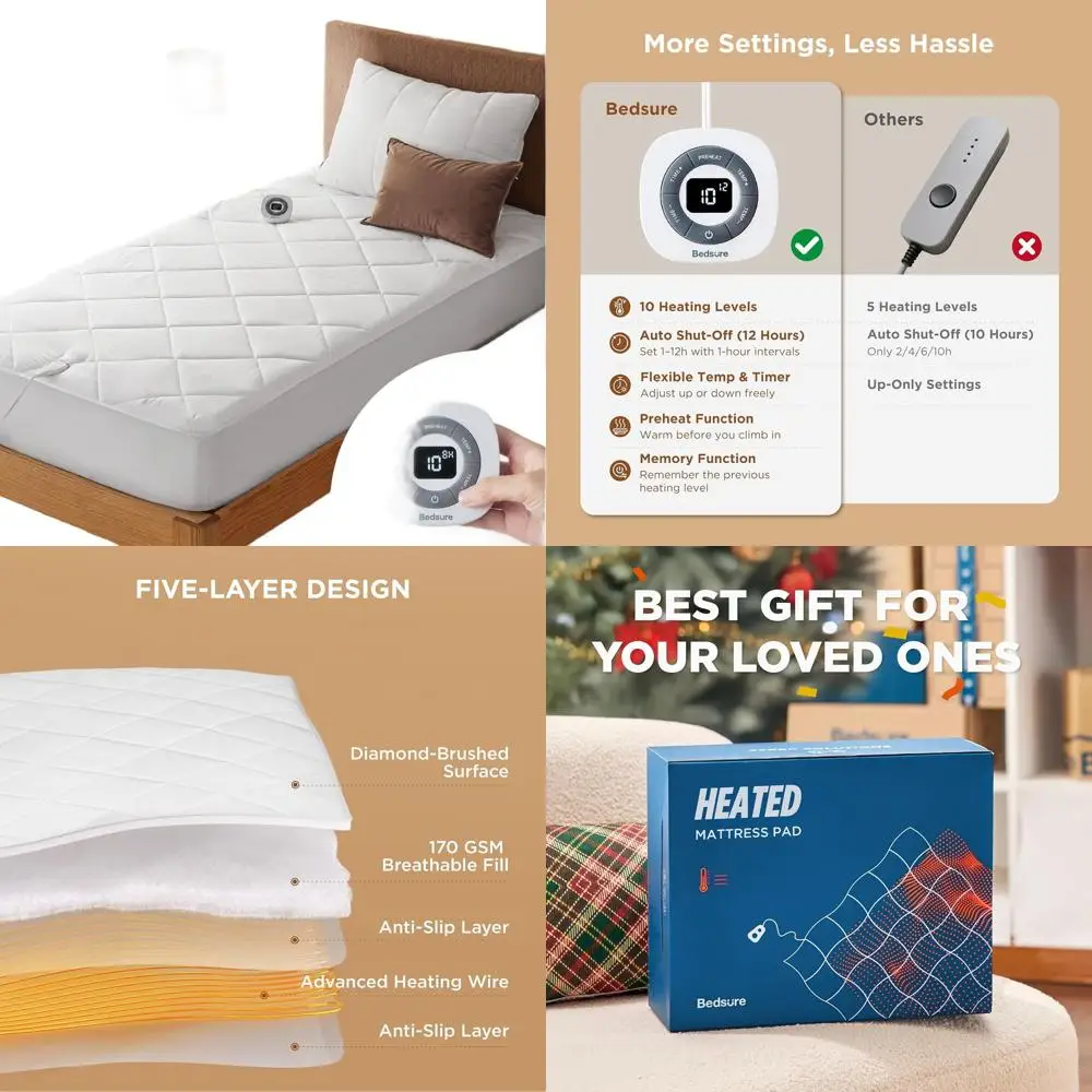 

Twin XL Electric Mattress Pad with Memory, Preheat, 12-Hour Auto Off, 10 Heat Levels, Single Controller