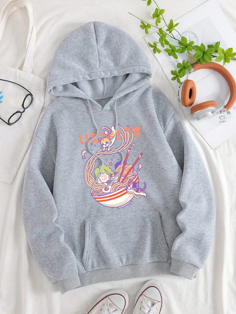 Japanese Noodles Hoodie Women Harajuku Cat Prints Sportswear Pocket Loose Fleece Warm Pullover Street Comfortable Woman Clothes