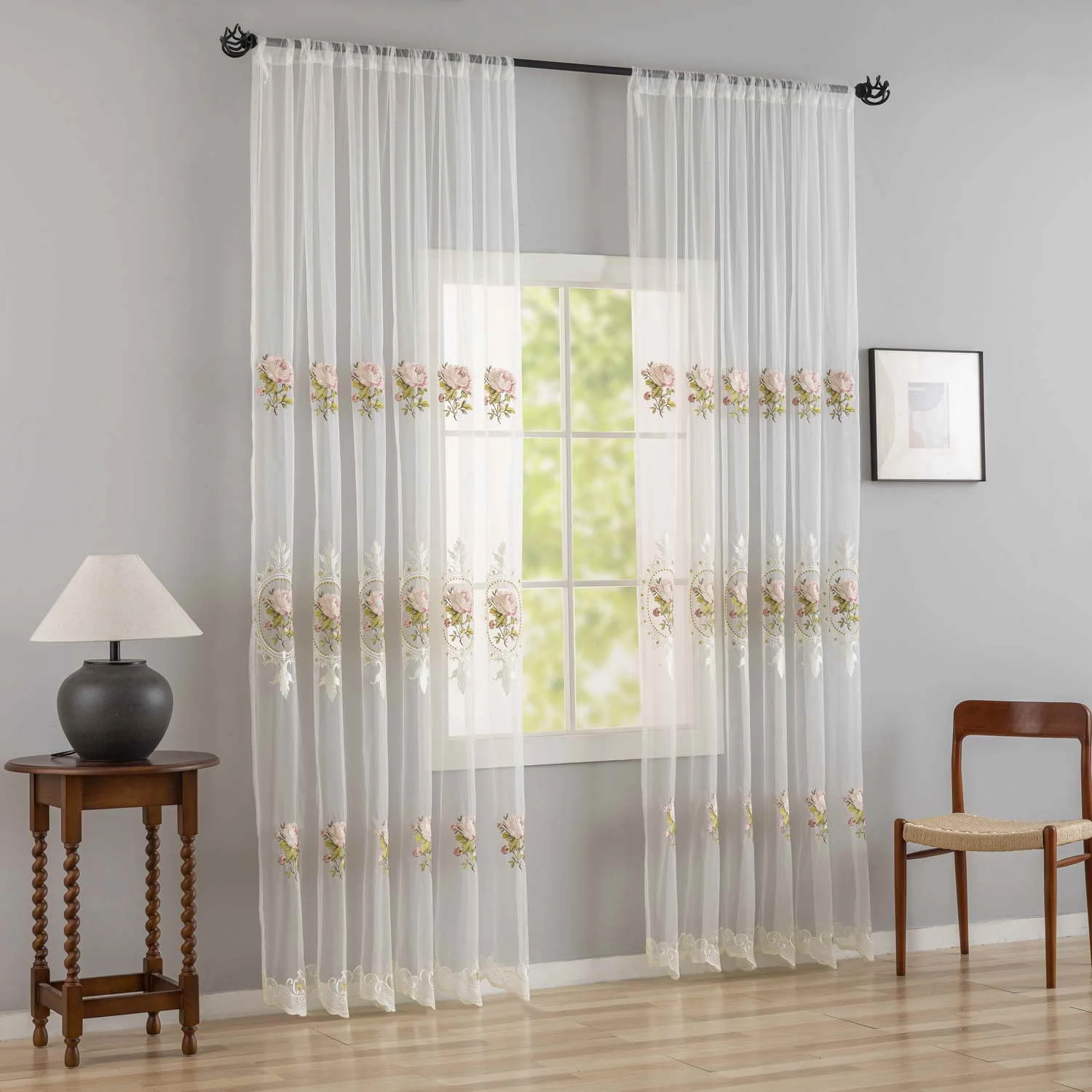 

Korean Embroidered Lace Sheer Curtain For Bedroom, Privacy Partition Tulle Curtain Decoration, Sheer Voile Home Window Curtains