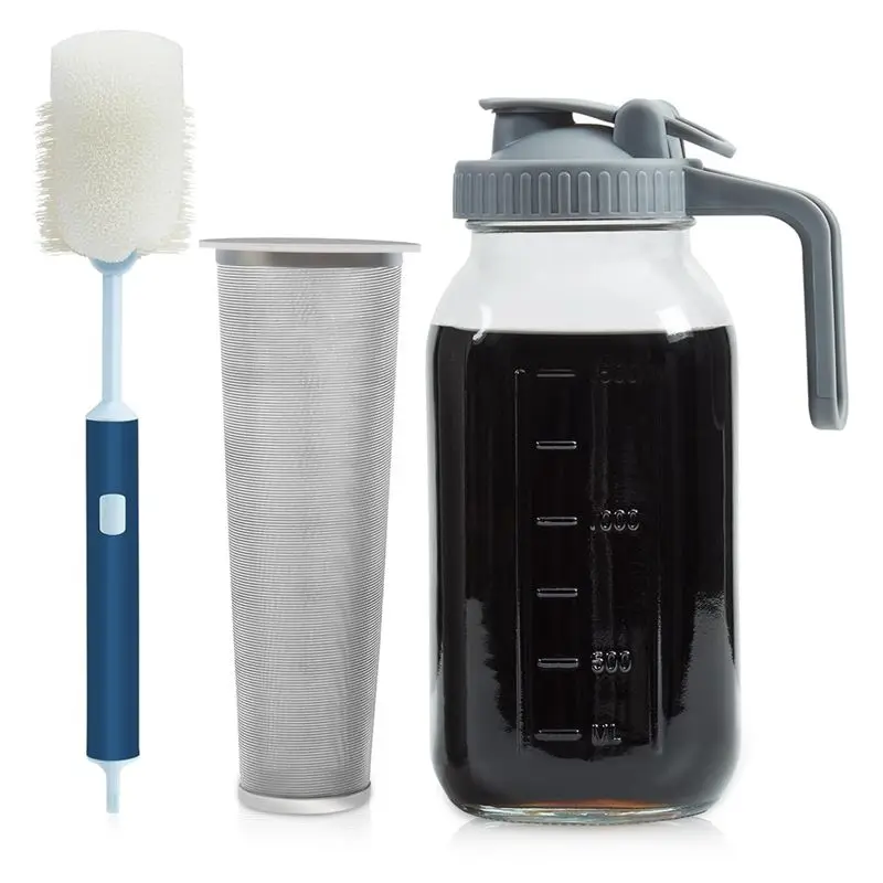 

AC76-Cold Brew Coffee Pitcher Mason Jar 64Oz, Durable Thick Glass Cold Brew Pitcher Flip Cap Spout Lid With Handle