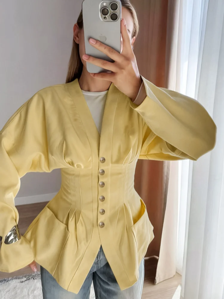 

Элегантная женская блузка с V-образным вырезом и приталенным силуэтом, модный плиссированный топ А-силуэта с длинными рукавами, новинка осени 2026, уличный элегантный повседневный стиль