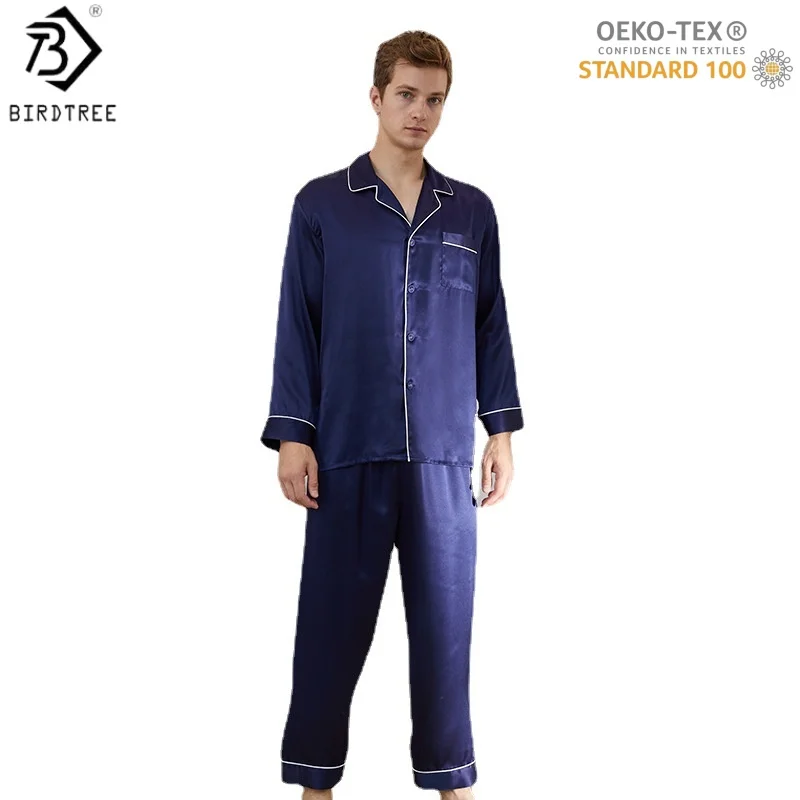 

BirdTree, OEKO-TEX, элегантный пижамный комплект из 100% натурального шелка 22 мм, мужские однотонные топы с лацканами, домашняя одежда с длинными рукавами, новинка 2026 года P61216JF