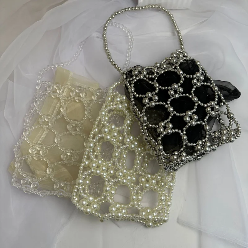 2023 Spring Summer New Hollow Out Pearl Handheld Women\'s Bag DIY Handwoven Beaded Ladies Handbag Mini Phone Bags Luxury Design