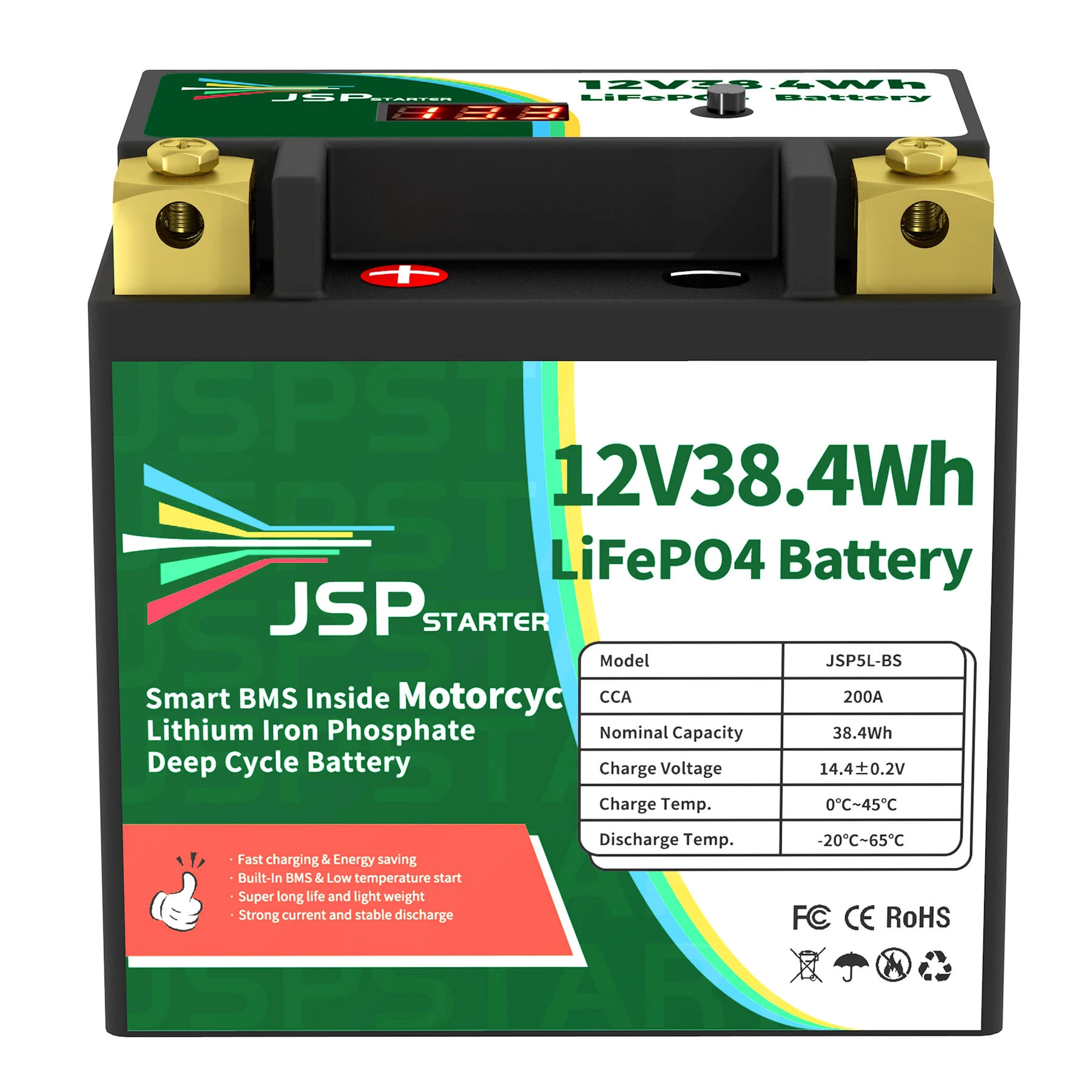 JSP5L-BS 12V 38.4Wh CCA 200A BMS Moto Démarrage Batterie 12.8V Lithium fer Phxing ate Scooter veFePO4 24.com YTX5L-BS Ycruc5L