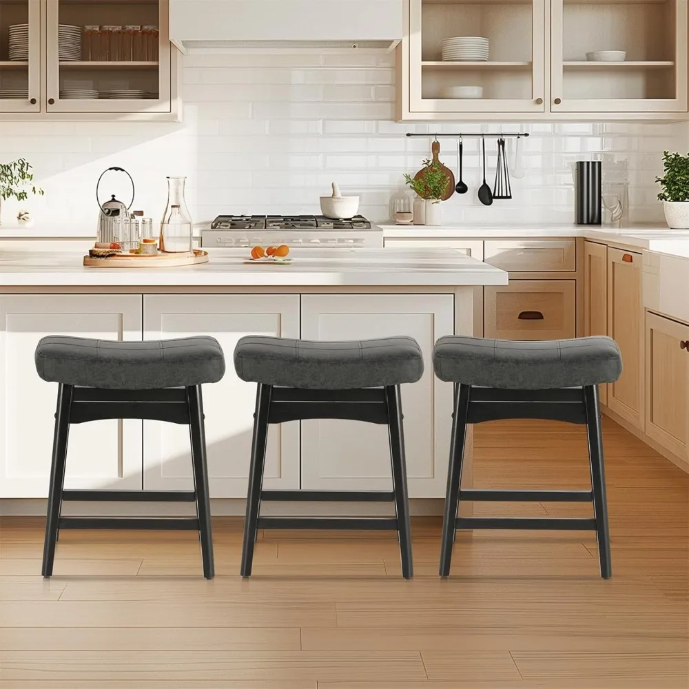 

& William Black Bar Stools Set of 3, Counter Height Bar Stools with Faux Leather Seat & Solid Wood Legs, 24 inch Modern