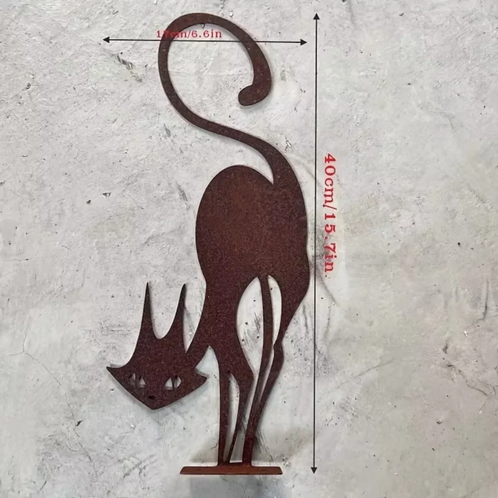 1-Piece Rusty Wrought Iron Cat Halloween Fence Ornament - Outdoor Garden Statue for Festive Garden Party Decor