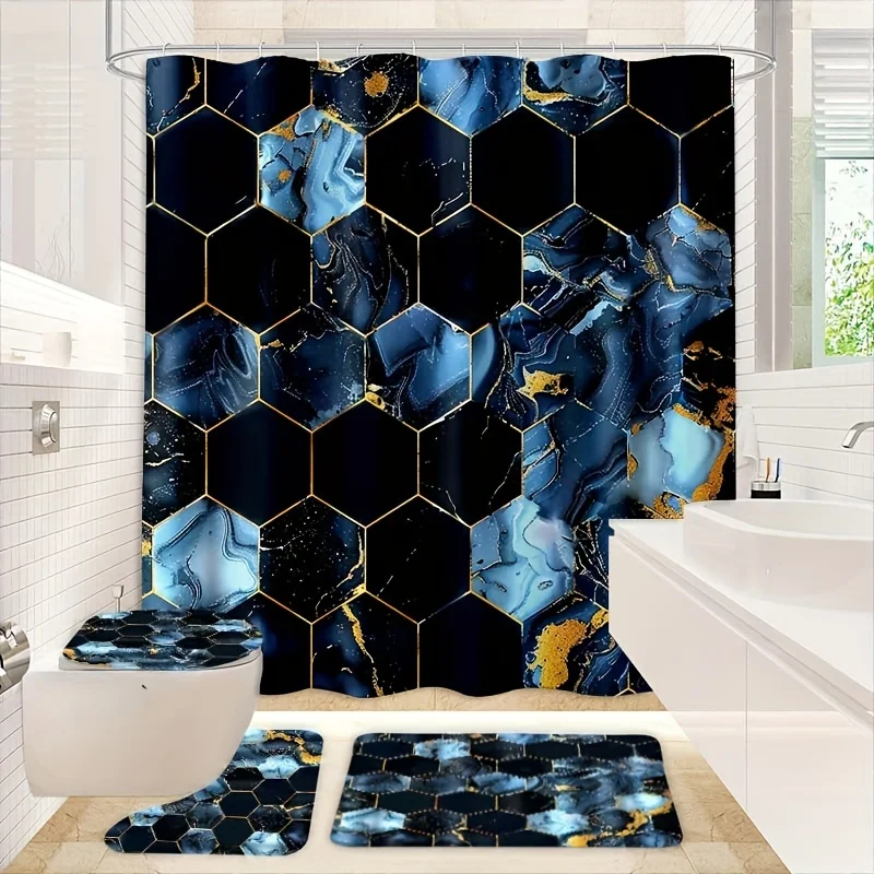 

[Creative Shower Curtain Set] 1/4pcs Creative Blue and Black Striped Shower Curtain Set - Modern Style, Waterproof, Bathroom Dec