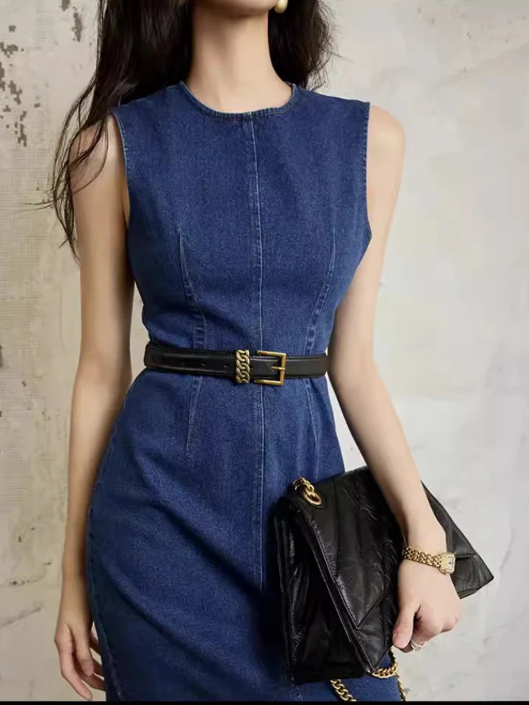 Robe mi-longue élégante, col rond, sans manches, cintrée à la taille, tendance, décontractée, vêtements de rue, nouvelle collection été 2025, pour femmes, coupe slim, en jean