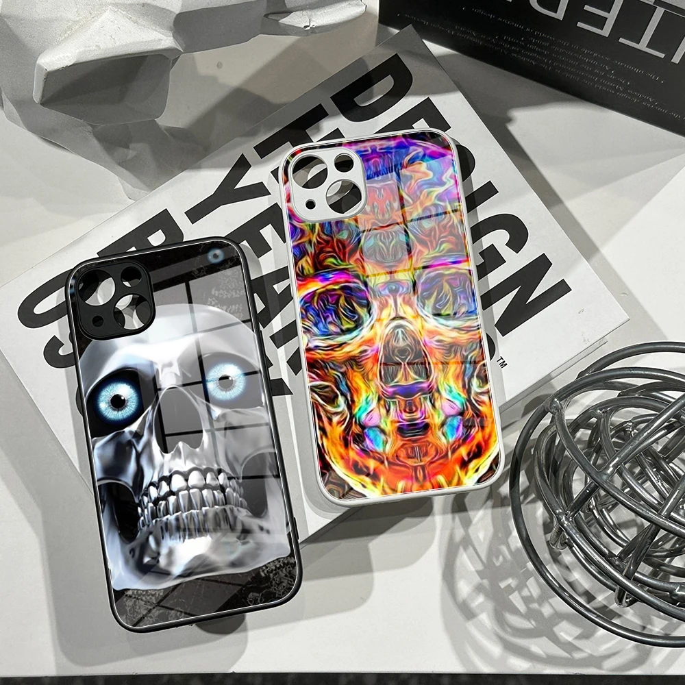 For IPhone 13 Pro 3D Hollow Skull Callous Phone Case Tempered Glass for IPhone14 11 12  XR XS MAX 7/8 X Plus  Black White Cover